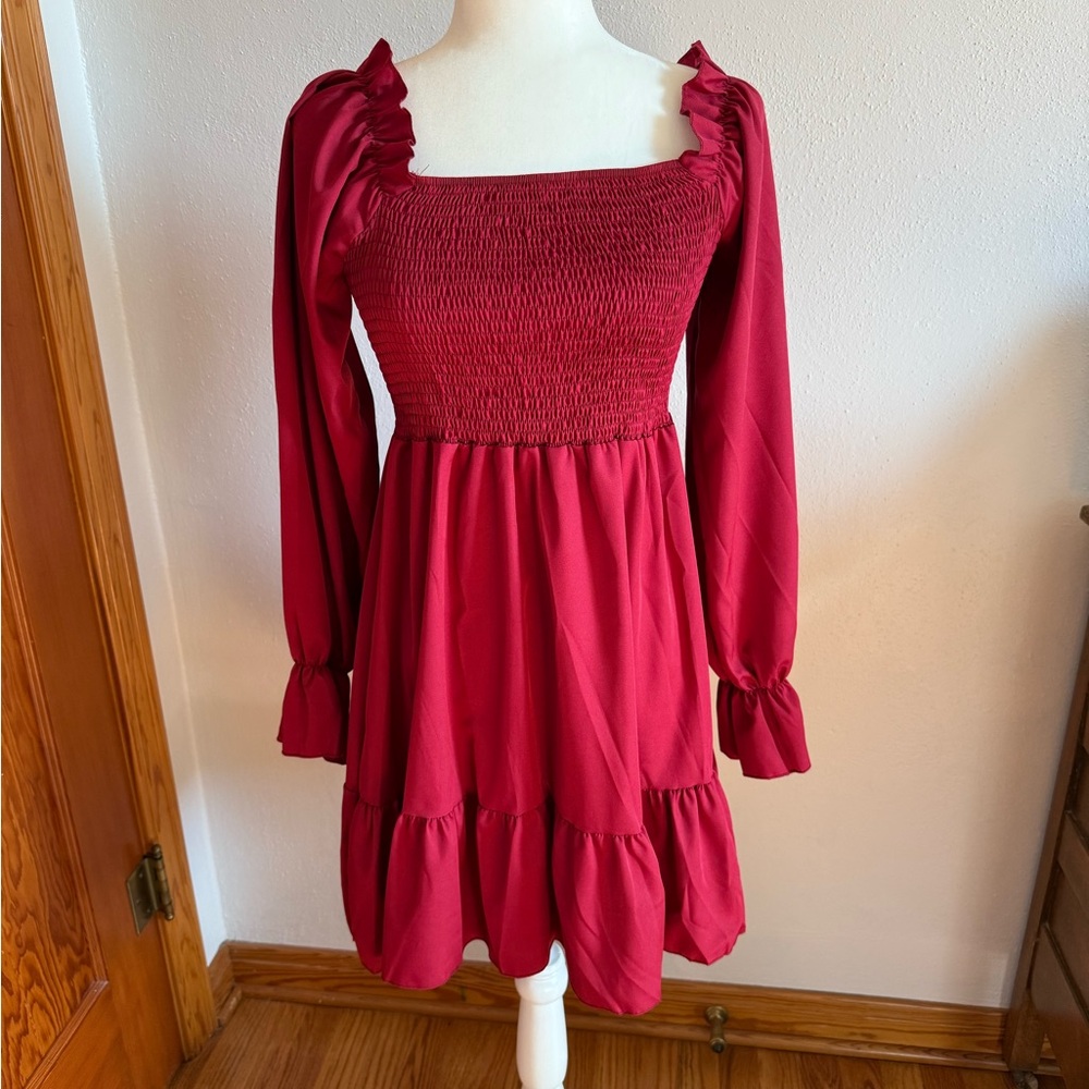 Red Smocked Long Sleeve Dress